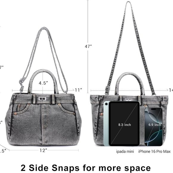 Lightweight Satchel Shoulder Purse for Women with Adjustable Strap - Black Jean - Picture 5 of 6